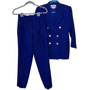 Oleg Cassini Women 100% Wool Royal Blue Dble Breast Pant Suit Set Size 8 Petite